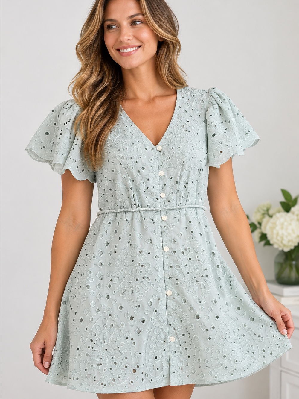 LOFT Light Sage Eyelet Button-Front Mini Dress
